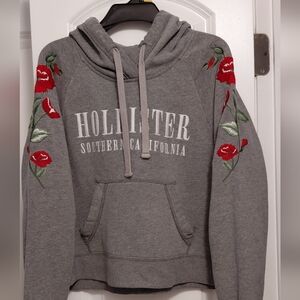 Hollister Womems Gray Cropped Hoodie with Red Rose Embroidery
